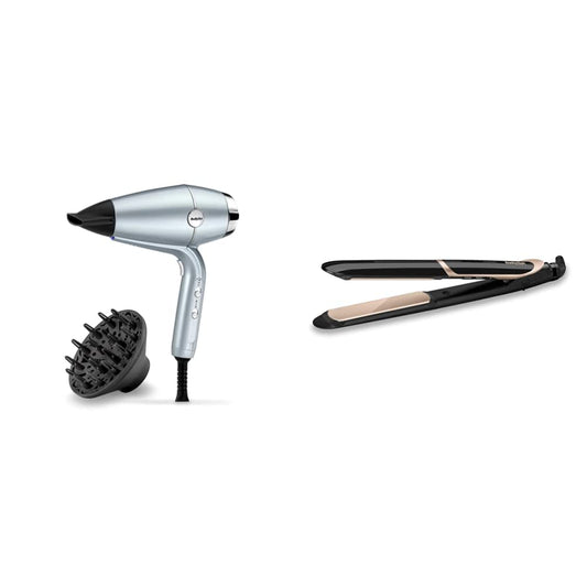 BaByliss Hydro-Fusion matu fēns ar Advanced Plasma jonu tehnoloģiju, D773DE, ledus zils un Super Smooth 235 izlīdzinātājs ar jonu tehnoloģiju 140°C - 235°C ST393E