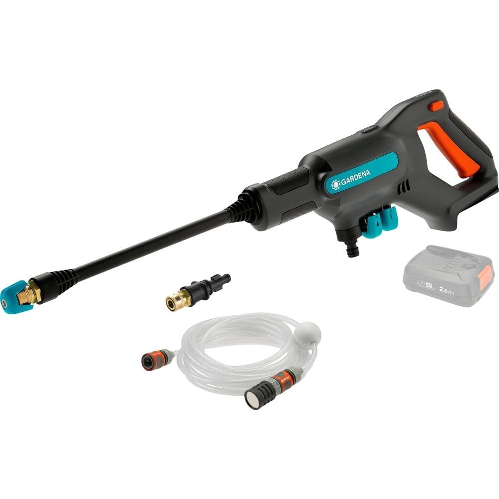 Gardena akumulatora vidēja spiediena mazgātājs AquaClean 24/18V P4A Solo: regulējams ūdens spiediens, sprauslu uzgaļi, 3 tīrīšanas režīmi, mobilā tīrīšanas ierīce, bezvadu (14800-55)