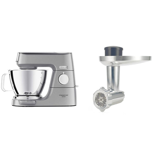 Kenwood Titanium Chef Baker KVC85.004SI virtuves mašīna ar integrētu svaru un KAX 950 ME gaļas mašīnu – piederumi Kenwood virtuves mašīnām