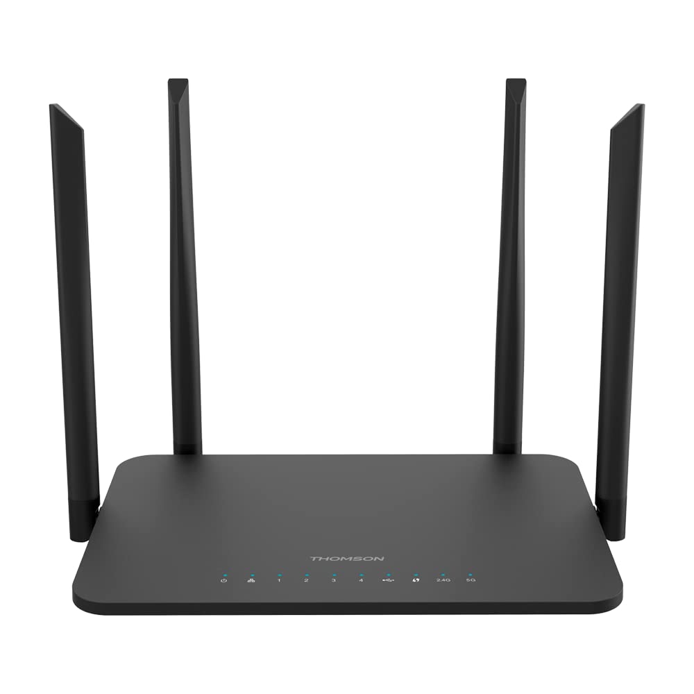 Thomson maršrutētājs, THWR 1200 Dual Band Gigabit maršrutētājs, WiFi 5, WLAN, līdz 1200 Mbps, 2.4 GHz un 5 GHz, 4 antenas, WAN modema savienojums, LAN pieslēgvieta, USB 2.0, balts, THWR1200