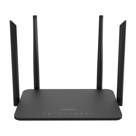 Thomson maršrutētājs, THWR 1200 Dual Band Gigabit maršrutētājs, WiFi 5, WLAN, līdz 1200 Mbps, 2.4 GHz un 5 GHz, 4 antenas, WAN modema savienojums, LAN pieslēgvieta, USB 2.0, balts, THWR1200
