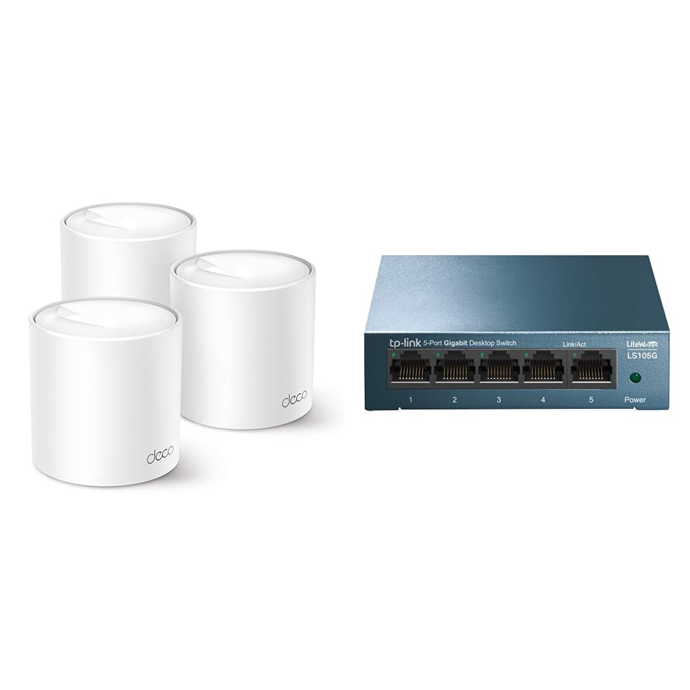 TP-Link Deco X50 Mesh WLAN komplekts (3 iepakojumi), Wi-Fi 6 AX3000 divjoslu maršrutētājs un atkārtotājs & LS105G 5-portu gigabita tīkla slēdzis