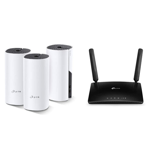 TP-Link Deco M4 Mesh WLAN komplekts (3 gab.), AC1200 divjoslas maršrutētājs un repetitors (aptveršana līdz 370m², 6X Gigabit porti) balts un TL-MR6400 WLAN Cat4 + N300 Mbps 4G LTE maršrutētājs, melns, versija 5