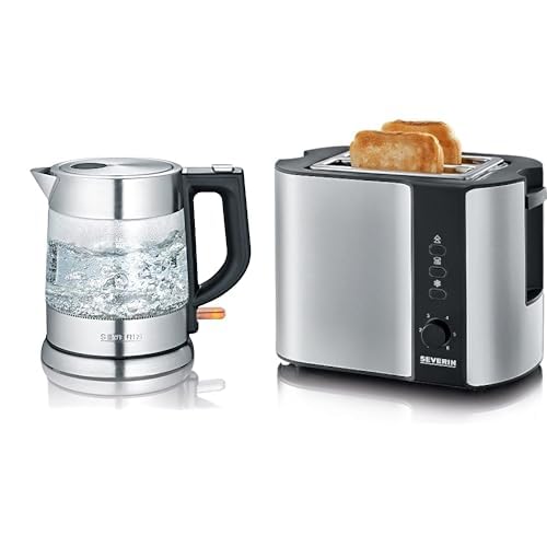 Brokastu komplekts SEVERIN WK 3468 stikla tējkanna un automātiskais tosteris, 2 grauzdēšanas nodalījumi, 800 W, AT 2589, nerūsējošais tērauds/melns
