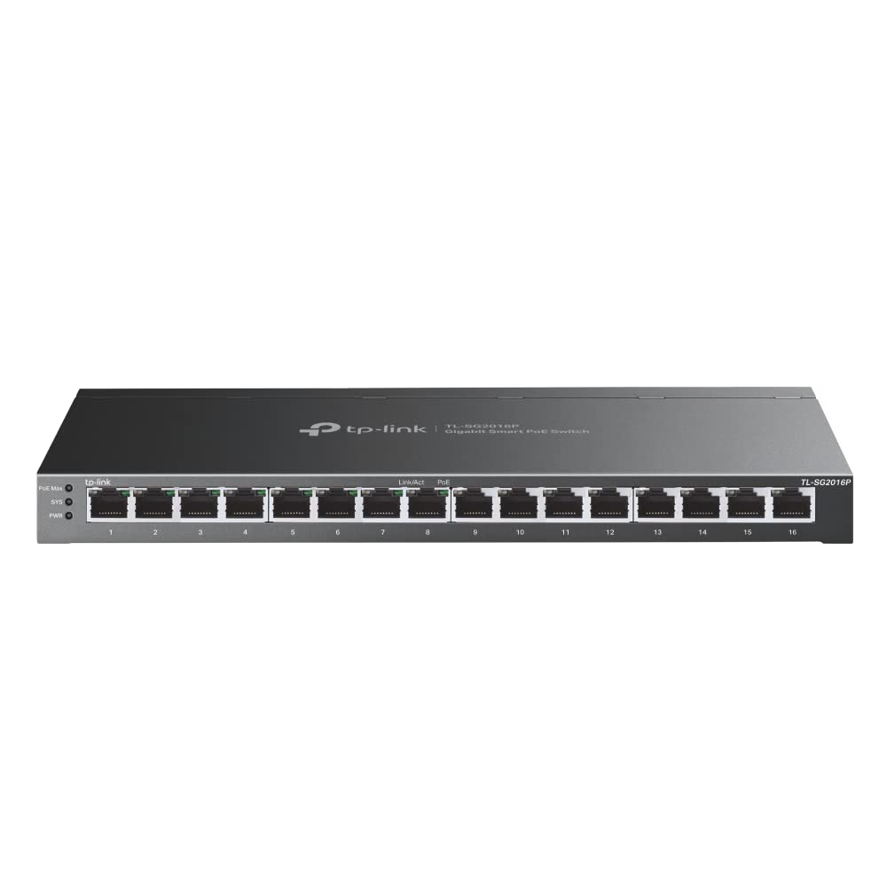 TP-Link SG2016P 16 portu Gigabit viedais pārvaldāmais PoE slēdzis, 8 PoE+ porti līdz 120 W, atbalsta Omada SDN, centralizētu pārvaldību, PoE atjaunošanu, IPv6, QoS, IGMP snooping