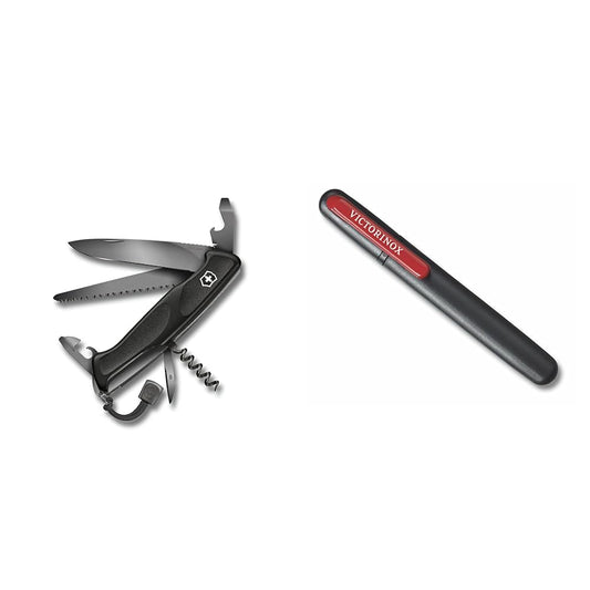 Victorinox, kabatas nazis, Ranger 55 Onyx Black, 130 mm, melns (13 funkcijas, fiksējamais asmens, konservu attaisītājs, skrūvgriezis 3 mm) un divkāršais nažu asinātājs, taisnu asmeņu asināšana, melns/sarkans