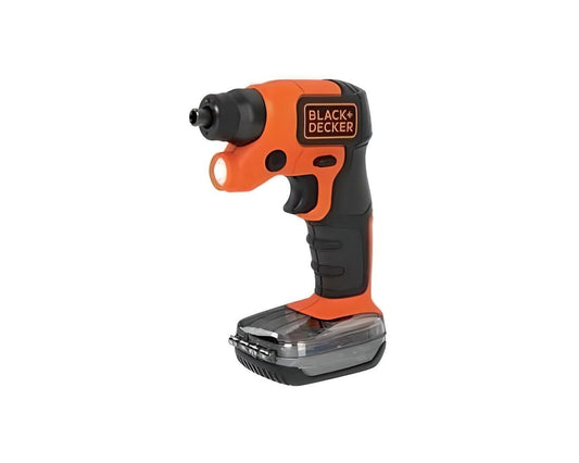 Black+Decker BDCSFS30C - 3.6V cordless screwdriver with 30-piece accessory set, integrated flashlight, reversible direction.