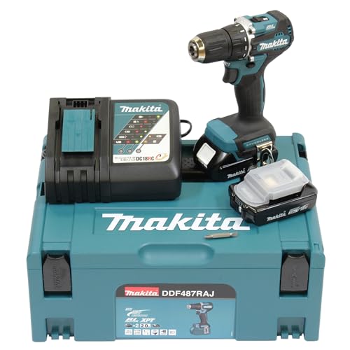 Makita DDF487RAJ - 18V cordless drill, 2.0 Ah batteries, charger, and MAKPAC case included.