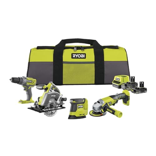 RYOBI 18V ONE+ 8-daļīgs akumulatora komplekts - triecienurbjmašīna, leņķa slīpmašīna, rokas ripzāģis, 2 akumulatori, lādētājs.