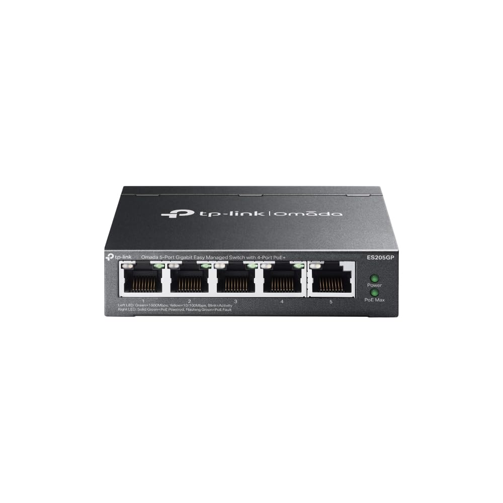 Tīkla slēdzis TP-Link Omada ES205GP 5 portu Gigabit Easy Managed ar 4 PoE+, 65W budžetu, metāla korpusu, Plug & Play, Auto Recovery, izolāciju, VLAN, IGMP Snooping, centralizētu Cloud pārvaldību