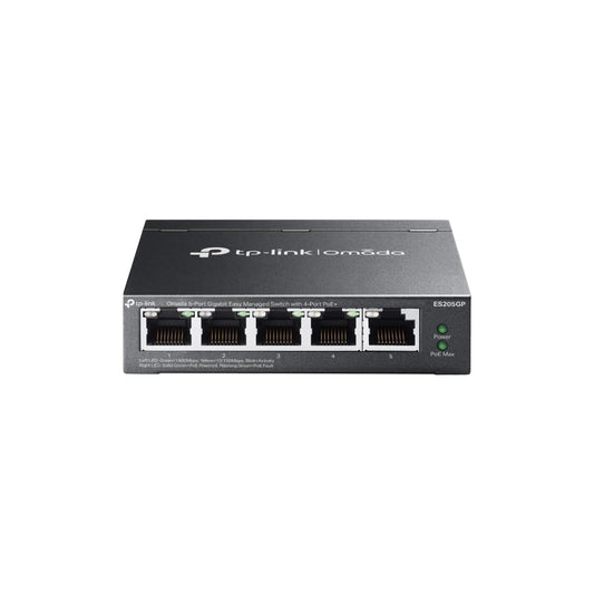 Tīkla slēdzis TP-Link Omada ES205GP 5 portu Gigabit Easy Managed ar 4 PoE+, 65W budžetu, metāla korpusu, Plug & Play, Auto Recovery, izolāciju, VLAN, IGMP Snooping, centralizētu Cloud pārvaldību