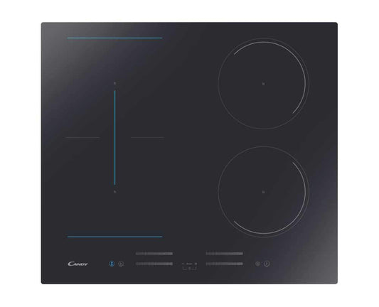 Candy CMC644TP Indukcijas plīts, 4 degļi, stikla keramikas, iebūvējama, elastīgā zona, skārienvadība, ar jaudas ierobežotāju, bērnu aizsardzība, 59 x 60 x 52 cm, melna