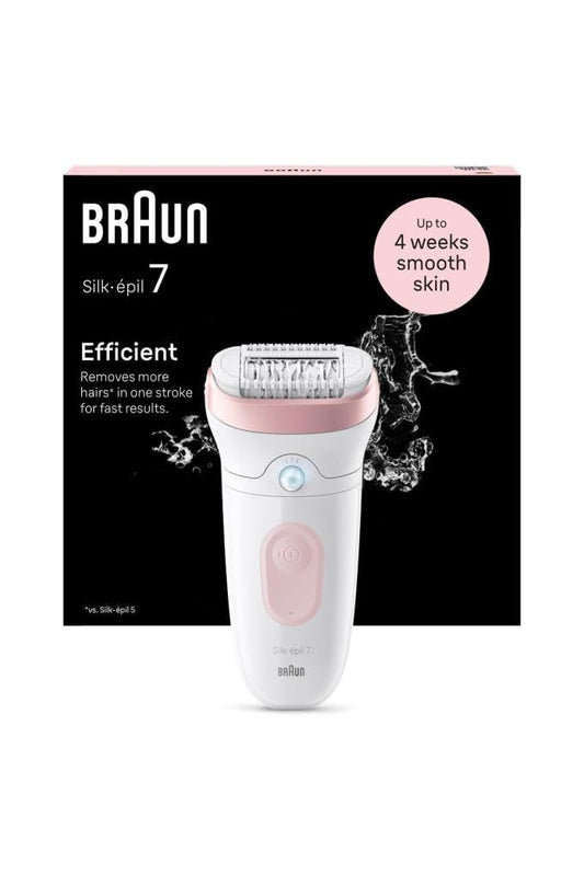 Braun Silk-épil 7 sieviešu epilators, elektriskais epilators sievietēm ar plašu galvu vieglai epilācijai, mitrs un sauss, ilgstoši gluda āda, 7-000, balts/rozā