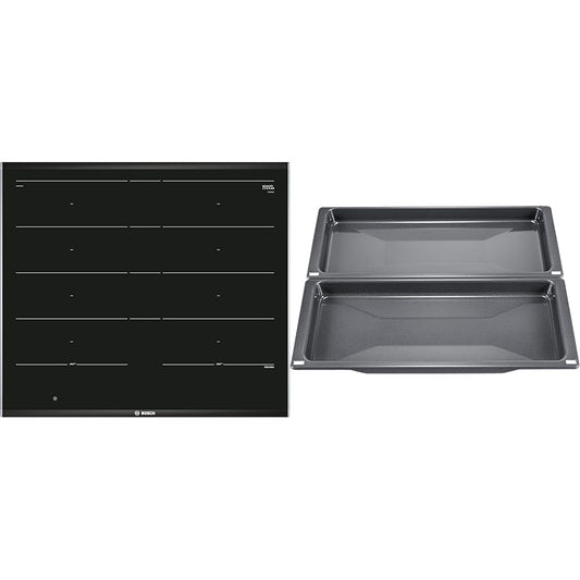 Bosch mājsaimniecības PXX675DC1E sērijas 8 indukcijas plīts (patstāvīga) un HEZ530000 piederumi cepeškrāsnīm, 2 universālās pannas, šaurs formāts, pelēks, ražots Vācijā