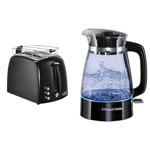 Russell Hobbs tosteris Textures+, 2 īpaši platas tostermaizes atveres, maizīšu restīte, 850W, melns 22601-56 & stikla ūdensvārāmais katls Classic Design ar LED apgaismojumu 1,7l, 2400W 26080-70