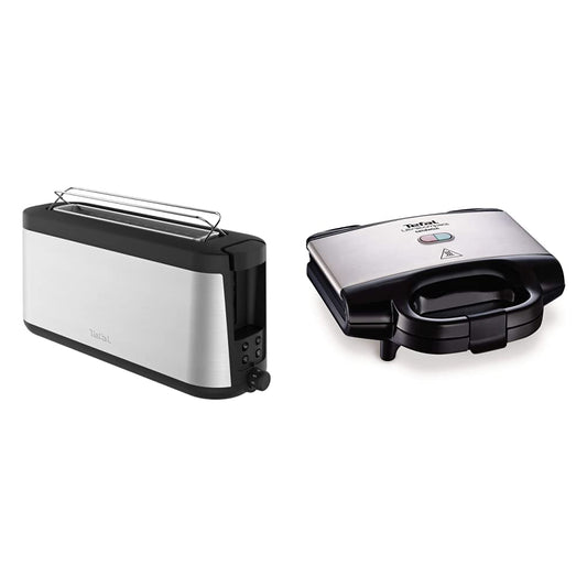 Tefal Element TL4308 tosteris, 7 brūnināšanas līmeņi (1000 vati) sudraba/melns un ultrakompaktais sviestmaizes cepeškrāsns SM1552 [trīsstūrveida sviestmaizes tosteriem; ar nelipīgu pārklājumu; 700W sviestmaizes grils]