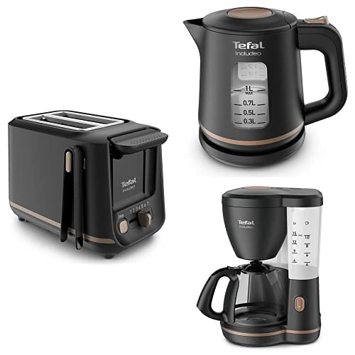 Tefal Includeo brokastu komplekts | tosteris ar 7 apbrūnināšanas līmeņiem | ūdens tējkanna 1L | kafijas automāts 12-15 tasēm | melns
