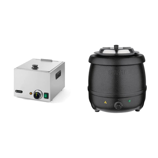 HENDI desu sildītājs, elektrisks, bockvurst sildītājs, desu vārītājs, tilpums 10L, regulējams līdz 85°C, praktiskas rokturi, 230V, 1000W, 330x280x(H)250mm, nerūsējošais tērauds un Buffalo zupas katls. 10 litri. Melns