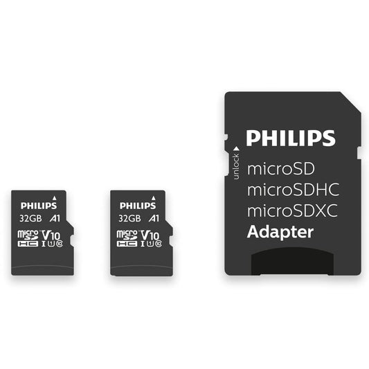 Philips Ultra Speed Micro SDHC karte 2x 32 GB + SD adapteris UHS-I U1, lasīšanas ātrums līdz 80 MB/s, A1 ātra lietotņu veiktspēja, V10, atmiņas karte viedtālruņiem, tabletēm, PC, kartes lasītājam, Full HD video