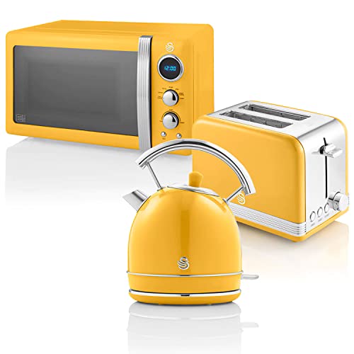 Swan Retro brokastu komplekts 1,8 L tējkanna, 2 šķēles plata maizes grauzdētājs, 20L digitālā mikroviļņu krāsns, 6 jaudas līmeņi, taimeris, spoguļa durvis, vintage dizains, dzeltena