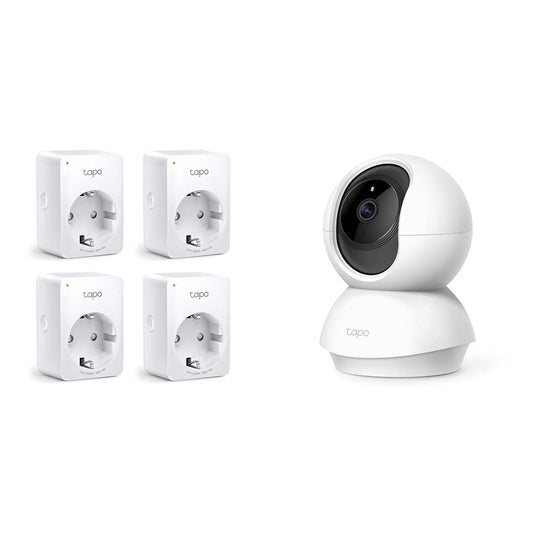 TP-Link Tapo Smart WLAN kontaktligzda, Alexa kontaktligzda 4 gabalu komplekts, Smart Home WiFi kontaktligzda, nav nepieciešams centrmezgls, Mini & TP-Link Tapo C200 WLAN IP kamera uzraudzības kamera, balta