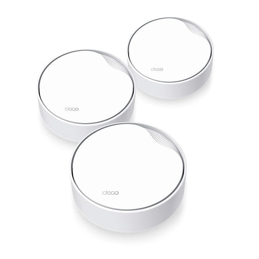 TP-Link Deco X50-PoE Wi-Fi 6 Mesh WLAN komplekts (3 iepakojums), AX3000 divjoslu maršrutētājs un atkārtotājs (atbalsta PoE un DC barošanu, 2.5Gbps ports, darbības attālums līdz 600m², WPA3, ideāli piemērots lielām mājām) balts