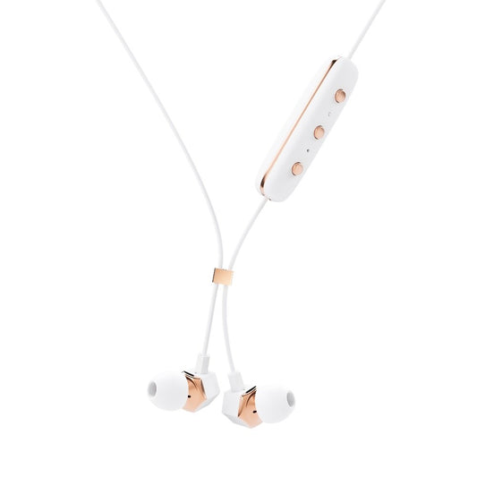 Happy Plugs Earpiece Wireless Bluetooth - Integrated microphone, 3-button remote, sleek white design.