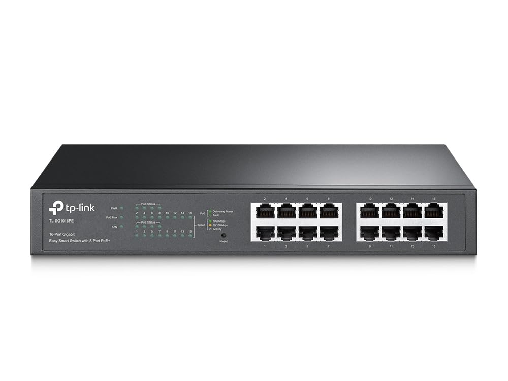 Gigabit tīkla slēdzis TP-Link TL-SG1016PE, 16 porti, 8 PoE+ porti, līdz 30 W katram portam, kopā 150 W, ekranēti RJ-45 porti, 802.3af/at, Plug and Play, ar ventilatoru