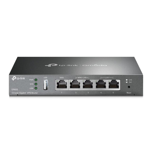 TP-LINK ER605 5 portu divu/multiple WAN VPN maršrutētājs (līdz 4 Gigabit WAN portiem, augsta drošība, Omada SDN, centrālā pārvaldība, inteliģenta uzraudzība, ugunsmūris) melns, ideāli piemērots biroja tīklam
