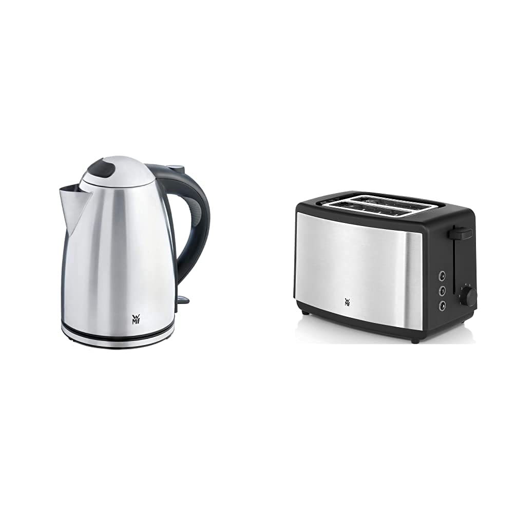 Tējkanna WMF Stelio nerūsējošais tērauds 1,7 l, elektriskā tējkanna ar kaļķa filtru, 2400 W un tosteris WMF Bueno Edition no nerūsējoša tērauda, divu šķēļu tosteris ar maizīšu uzgali, 2 šķēles, 7 apbrūnināšanas pakāpes, 800 W