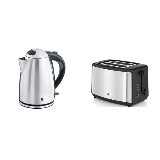 Tējkanna WMF Stelio nerūsējošais tērauds 1,7 l, elektriskā tējkanna ar kaļķa filtru, 2400 W un tosteris WMF Bueno Edition no nerūsējoša tērauda, divu šķēļu tosteris ar maizīšu uzgali, 2 šķēles, 7 apbrūnināšanas pakāpes, 800 W