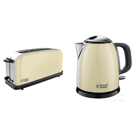 Šauras slots tosteris Russell Hobbs Colours+ krēmkrāsas, īpaši plata 1 šaurā slots kamera, ar maizīšu uzgali, 1000W, un mini tējkanna Russell Hobbs Colours+ krēmkrāsas, 1,0l, 2400W, ātrās vārīšanas funkcija