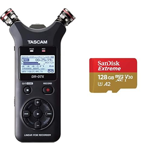 Tascam DR-07X portatīvais audio ierakstītājs & SanDisk Extreme microSDXC UHS-I atmiņas karte 128 GB + adapteris (viedtālruņiem, darbības kamerām un droniem, A2, C10, V30, U3, 190 MB/s pārsūtīšana)