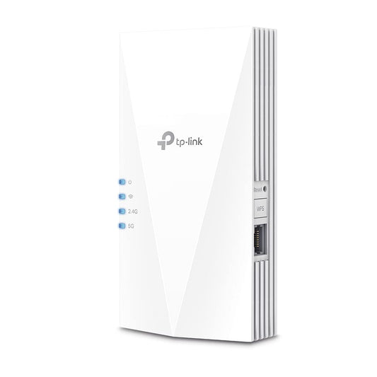 TP-Link RE600X WiFi 6 WLAN pastiprinātājs repeateris AX1800 (divjoslu 1201MBit/s 5GHz + 574MBit/s 2,4GHz, MU-MIMO, Gigabit ports, maksimāla pārklājuma zona, saderīgs ar visiem WLAN maršrutētājiem) balts