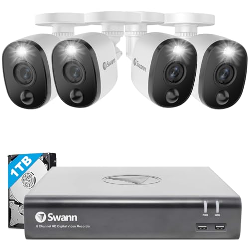Swann SWDVK-445804WL uzraudzības kameru sistēma ar 1 TB HDD, 4 kanāli, 4 kameras, 1080p HD DVR, vadu uzraudzība, iekštelpās un ārā, krāsu nakts redzamība, siltuma/ kustības gaisma, Alexa/Google, SWDVK-445804WL