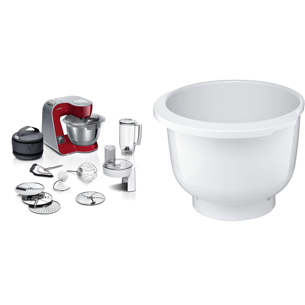 Bosch virtuves mašīna MUM5 MUM5X720, integrēta svari, nerūsējošā tērauda bļoda 3,9L, mikseris 1,25L, 1000 W, sudraba/ Tumši sarkana un plastmasas maisīšanas bļoda MUZ5KR1, 3,9 litri, maksimālā mīklas daudzums 2,7 kg