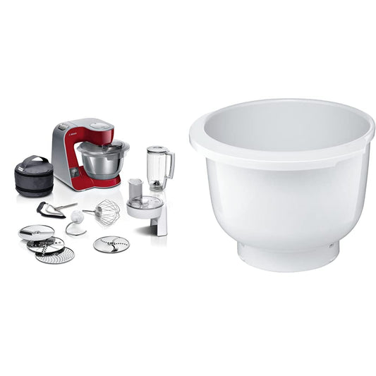 Bosch virtuves mašīna MUM5 MUM5X720, integrēta svari, nerūsējošā tērauda bļoda 3,9L, mikseris 1,25L, 1000 W, sudraba/ Tumši sarkana un plastmasas maisīšanas bļoda MUZ5KR1, 3,9 litri, maksimālā mīklas daudzums 2,7 kg