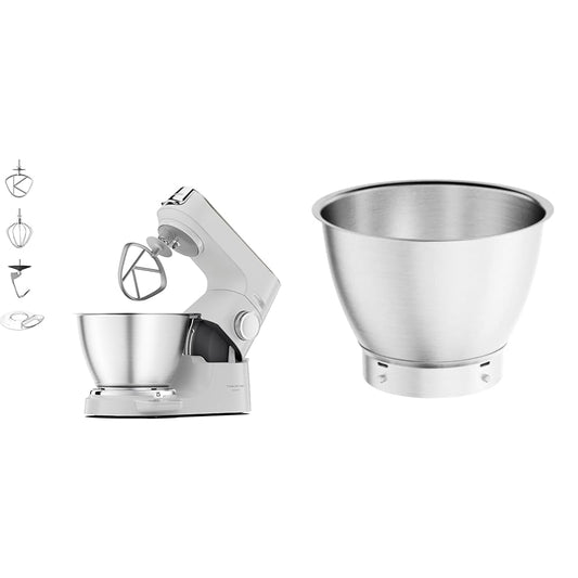 Kenwood Titanium Chef Baker KVC65.001WH - virtuves kombains ar iebūvētu svaru, 1200 vati, ieskaitot 3 daļu konditorejas komplektu, lāpstiņu un izsmidzināšanas aizsargu, balts un nerūsējošā tērauda bļoda KAB50.000BS, piederumi
