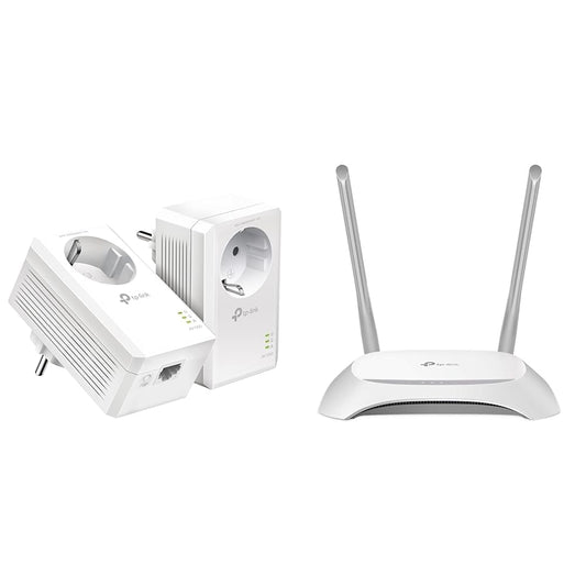 TP-Link Powerline adapteru komplekts TL-PA7017P KIT (1000Mbit/s un TL-WR840N N300 WLAN maršrutētājs (300Mbit/s (2,4GHz), 4 x 10/100Mbit/s LAN porti, IPv6, 2 ārējās antenas, WPS, piekļuves punkta režīms), balts/melns