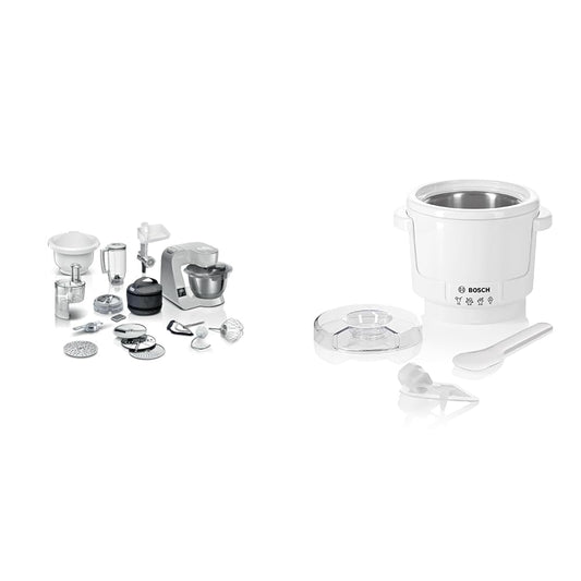 Bosch virtuves mašīna sērija 4 MUM5XL72, integrēta svari, 2x bļoda 3,9L un MUZ5EB2, 550ml, pašdarināts saldējums, sorbets un saldēts jogurts, balts, piemērots virtuves mašīnai sērija 4