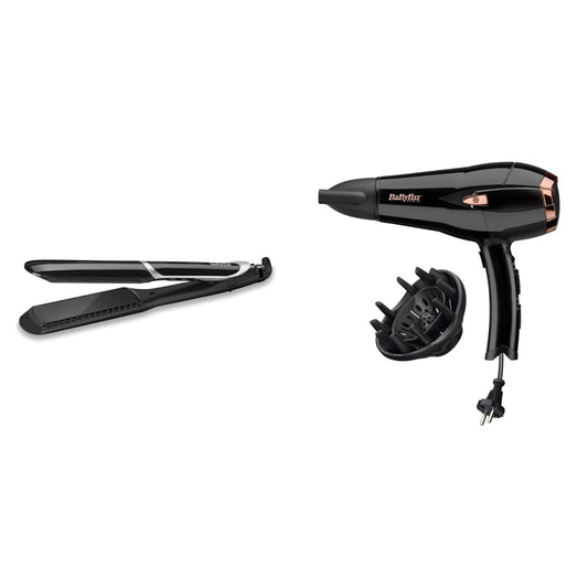 BaByliss Sleek Control Wide izlīdzināšanas dzelzs ar jonu tehnoloģiju un paplašinātām un garām plāksnēm, ST397E un Cordkeeper 2000 jonu matu fēns D373E, unikāla kabeļa ievilkšanas funkcija, 2000 vati melnā krāsā.
