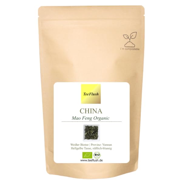 Mao Feng baltā bioloģiskā tēja, berama, 500g, veselas lapas, 2025. gada raža, Yunnan province, gaiši dzeltens uzlējums, saldeni ziedaina garša