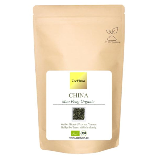 Mao Feng baltā bioloģiskā tēja, berama, 500g, veselas lapas, 2025. gada raža, Yunnan province, gaiši dzeltens uzlējums, saldeni ziedaina garša