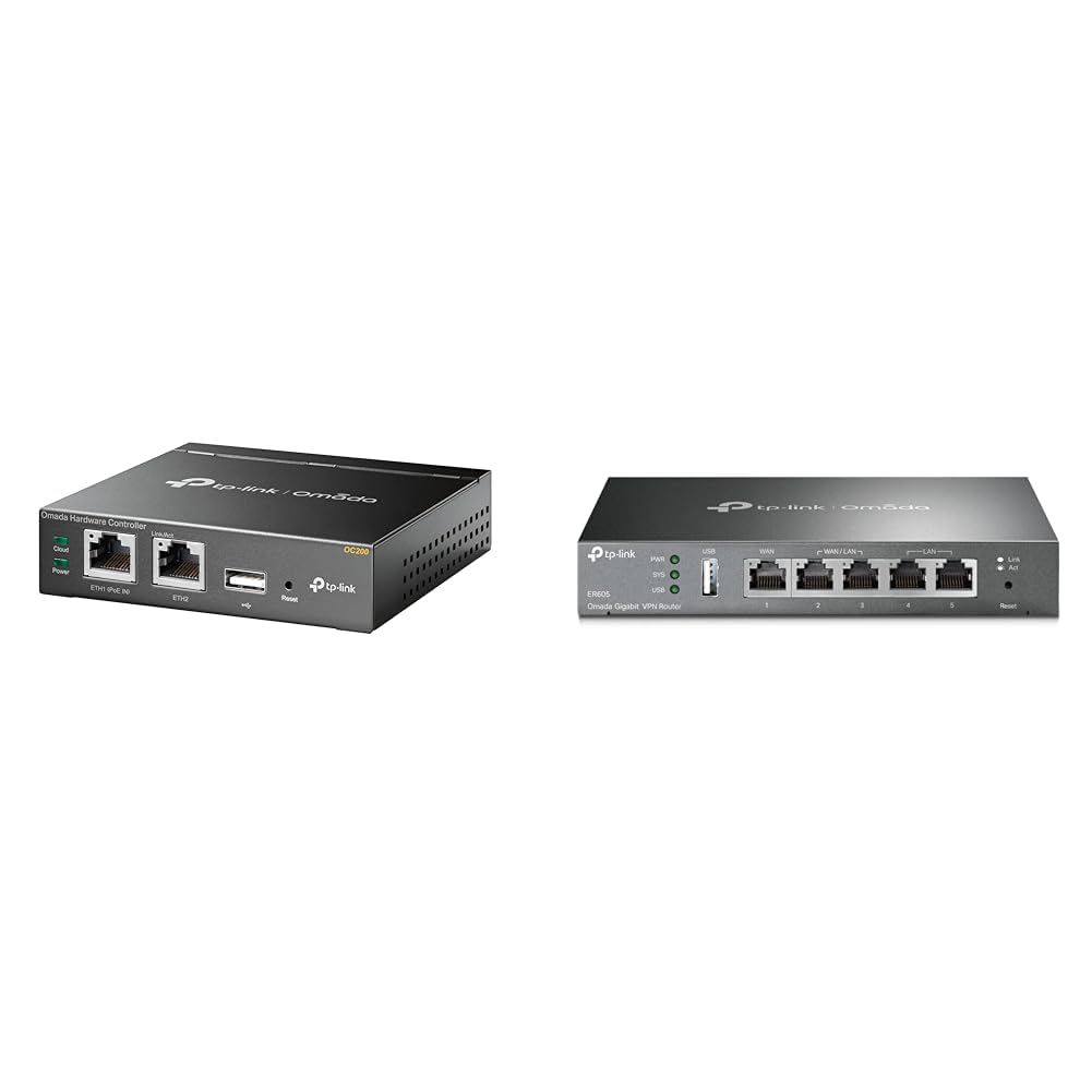 TP-Link OC200 Omada hibrīda PoE aparatūras kontrolieris EAP sērijai, USB ports automātiskai dublēšanai, mākoņpakalpojums, pelēks metālisks un ER605 5 portu divu/multiple WAN VPN maršrutētājs melns