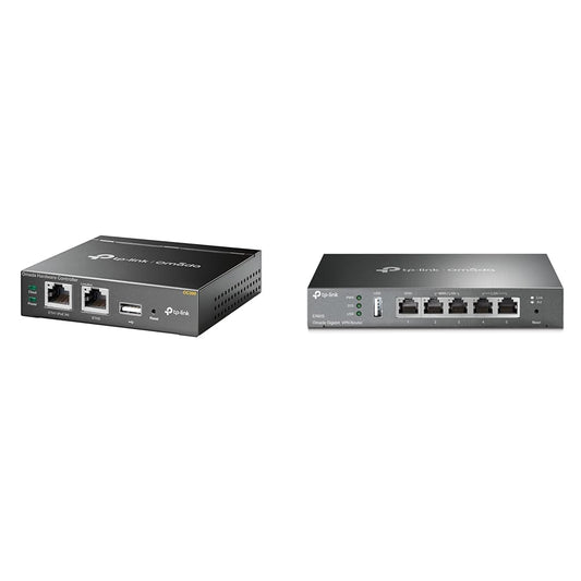 TP-Link OC200 Omada hibrīda PoE aparatūras kontrolieris EAP sērijai, USB ports automātiskai dublēšanai, mākoņpakalpojums, pelēks metālisks un ER605 5 portu divu/multiple WAN VPN maršrutētājs melns