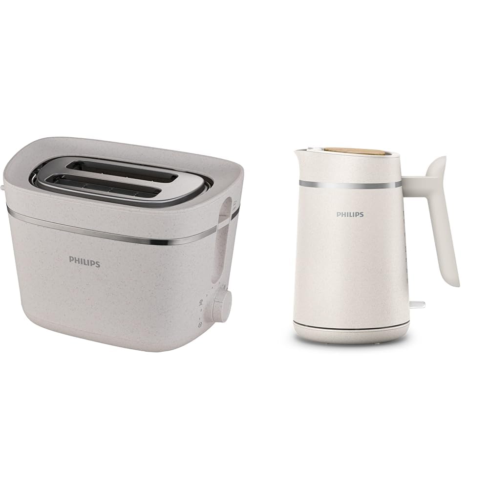 Philips tosteris Eco Conscious Edition - 2 tosta slīpumi, 8 līmeņi, maizes uzlikums, zīdaini balts-matēts (HD2640/10) & Philips tējkanna – Eco Conscious Edition, 1.7 L, zīdaini balts-matēts (HD9365/10)