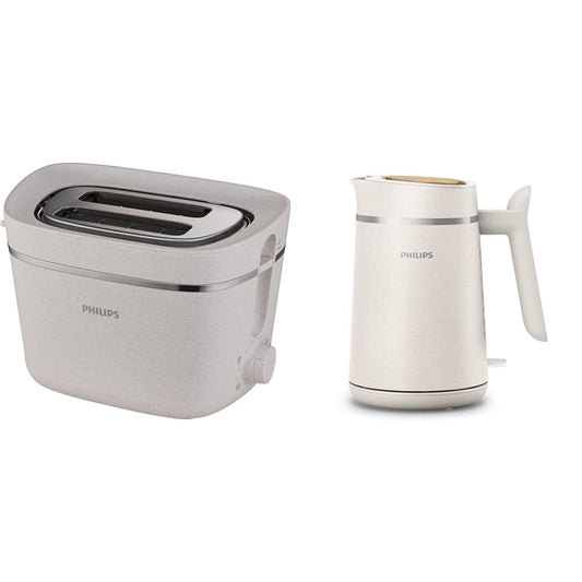 Philips tosteris Eco Conscious Edition - 2 tosta slīpumi, 8 līmeņi, maizes uzlikums, zīdaini balts-matēts (HD2640/10) & Philips tējkanna – Eco Conscious Edition, 1.7 L, zīdaini balts-matēts (HD9365/10)