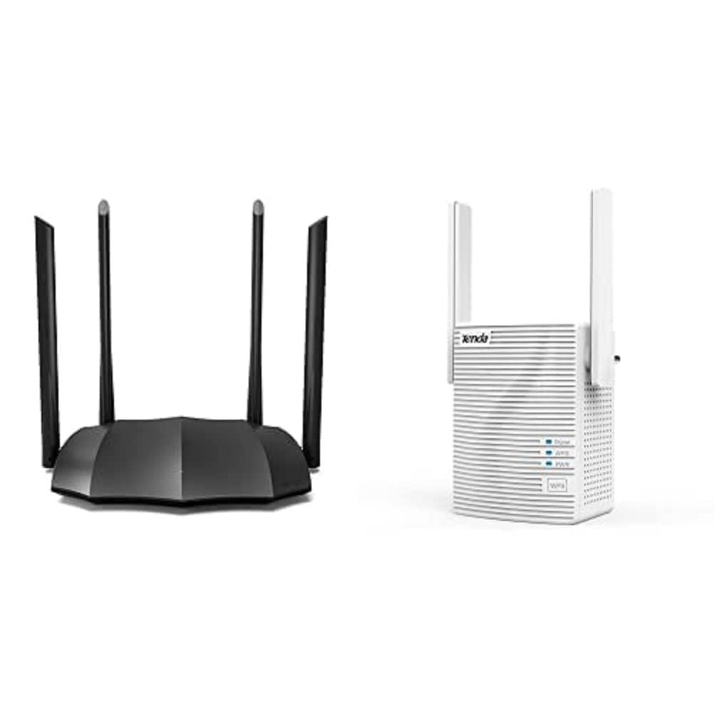 Tenda AC8 WLAN maršrutētājs divjoslu gigabita 1200Mbit/s melns un Tenda A15 WLAN repeater divjoslu 750Mbit/s balts