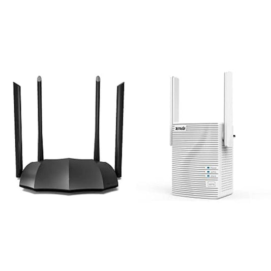Tenda AC8 WLAN maršrutētājs divjoslu gigabita 1200Mbit/s melns un Tenda A15 WLAN repeater divjoslu 750Mbit/s balts