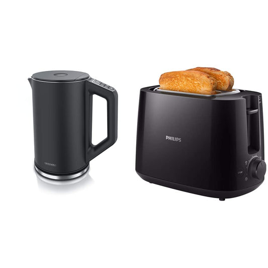 Arendo 847416384 melns tējkanna ar temperatūras rādītāju, 18/8 nerūsējošais tērauds un Philips HD2581/90 tosteris, integrēts maizes cepšanas piederums, 8 brūnināšanas pakāpes, melns